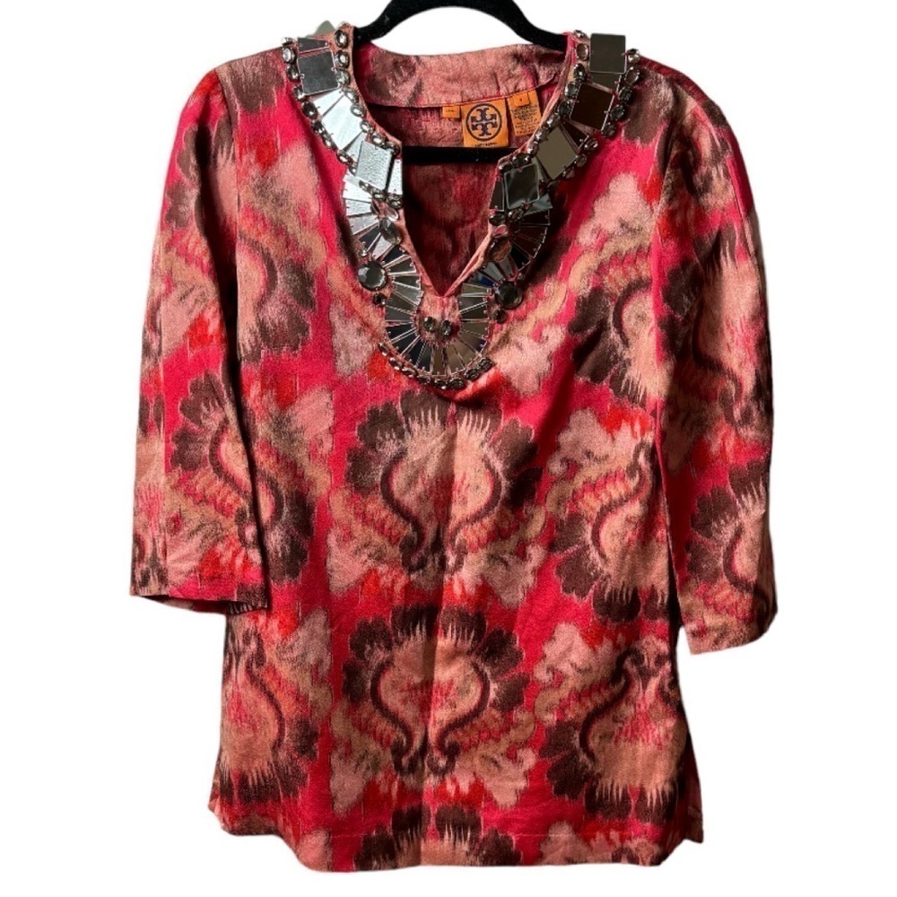 Tory Burch Silk Geometric Embellished Glass Tunic